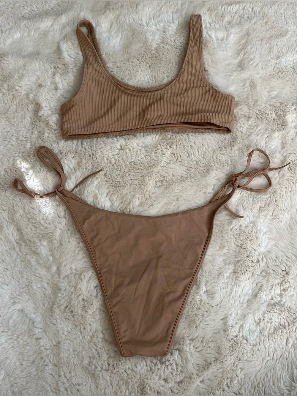 Frankie's Bikinis Conner Ribbed Top and non ribbed Bottoms in Earth/Tan